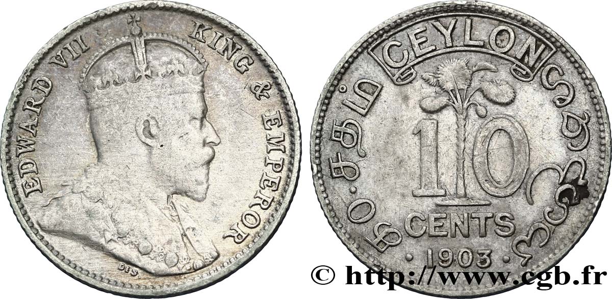 CEYLON 10 Cents Édouard VII 1903  VF 