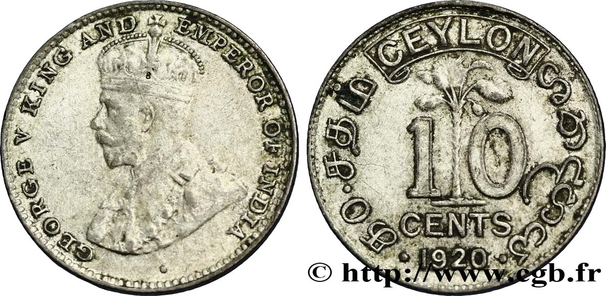 CEILáN 10 Cents Georges V 1920 Bombay BC+ 
