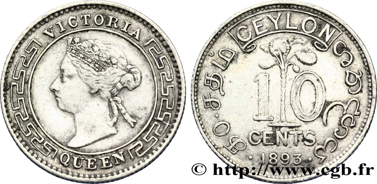 CEYLON 10 Cents Victoria 1893  XF 