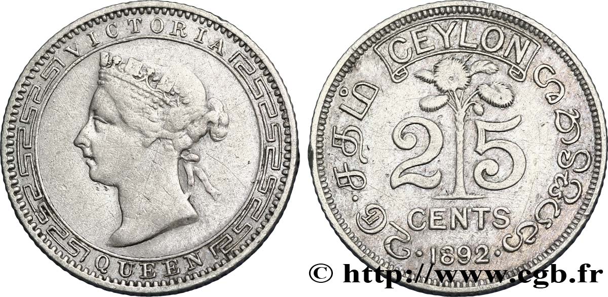CEYLON 25 Cents Victoria 1892  VF 