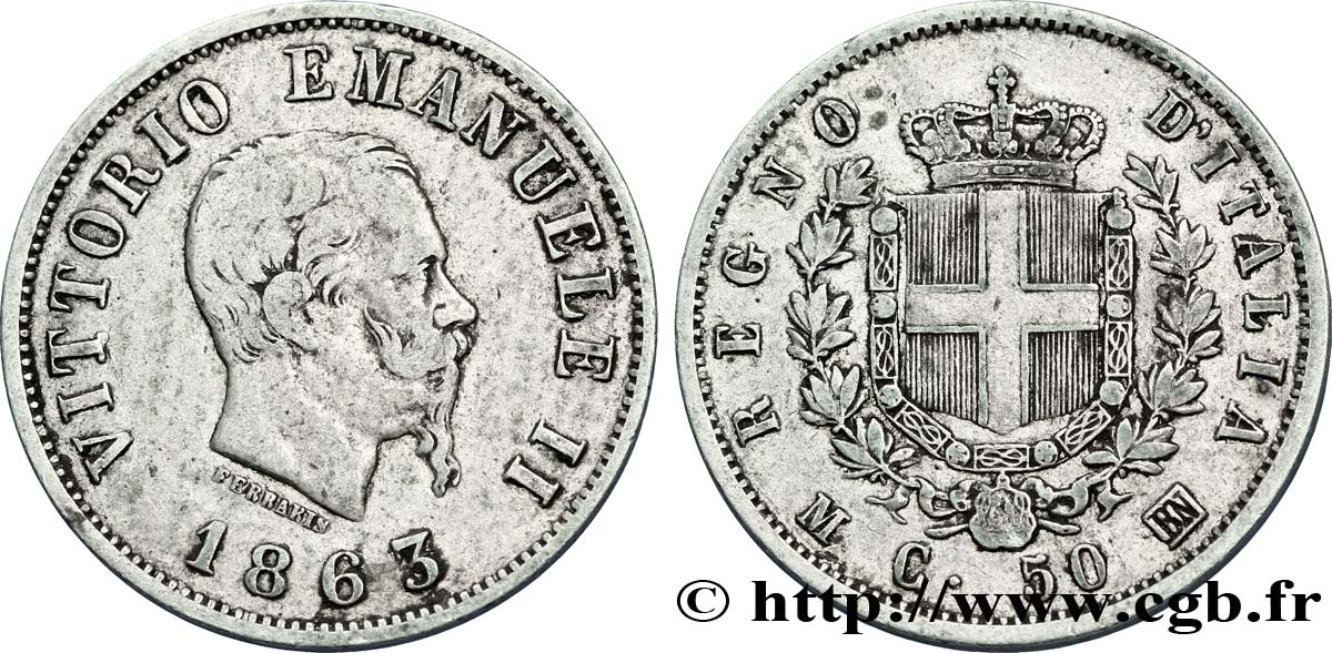 ITALIE 50 Centesimi Victor Emmanuel II type à l’écu 1863 Milan - M TB+ 
