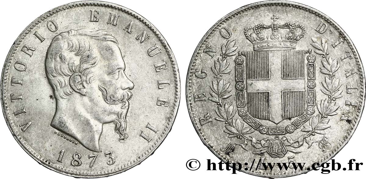 ITALIA 5 Lire Victor Emmanuel II 1873 Milan EBC 