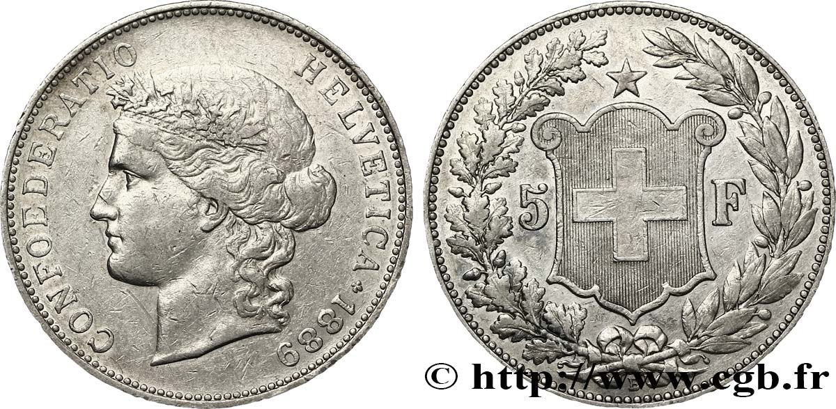 SWITZERLAND 5 Francs Helvetia buste 1889 Berne AU 