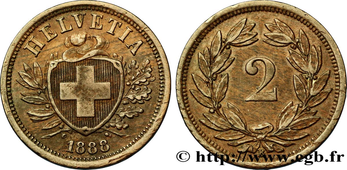 SCHWEIZ 2 Centimes (Rappen) croix suisse 1888 Berne - B fVZ 