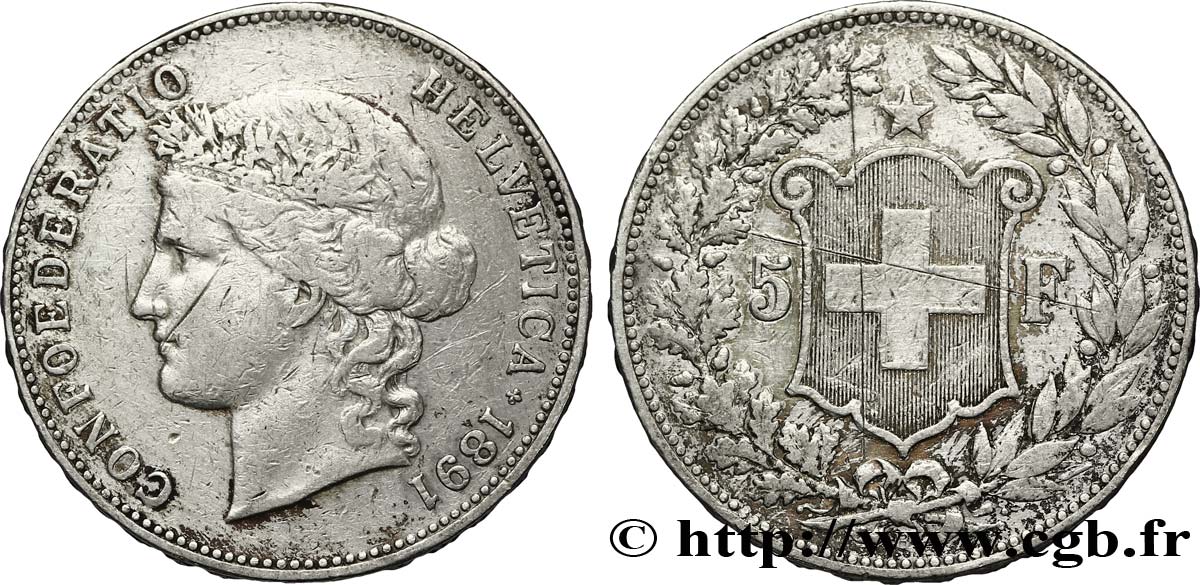 SCHWEIZ 5 Francs Helvetia buste 1891 Berne - B fSS 