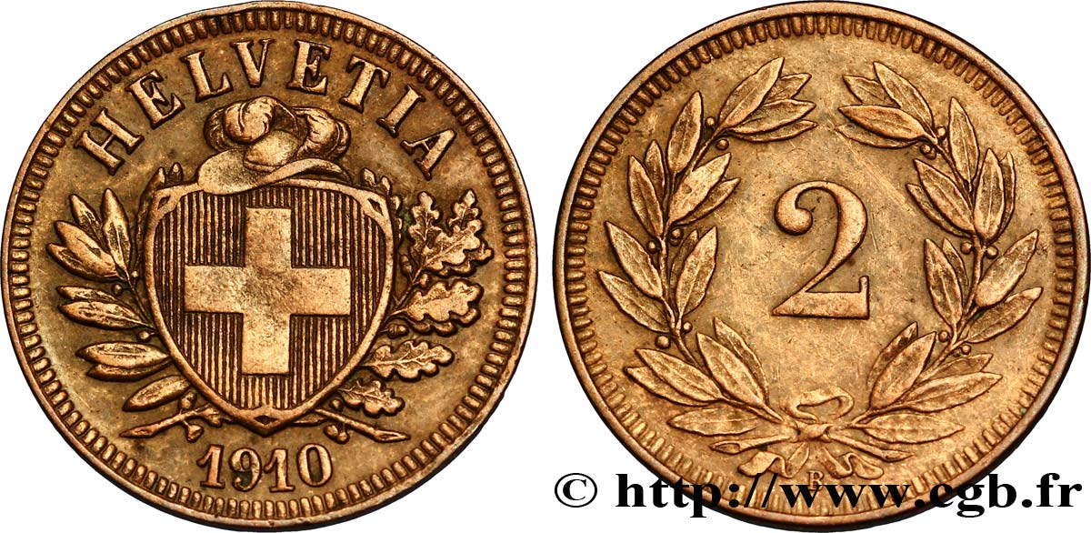 SCHWEIZ 2 Centimes (Rappen) croix suisse 1910 Berne - B SS 