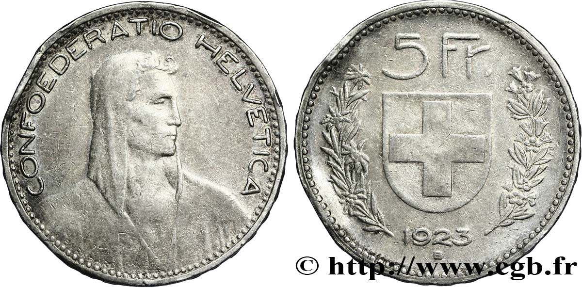 SUISSE 5 Francs berger / écu 1923 Berne - B TB 