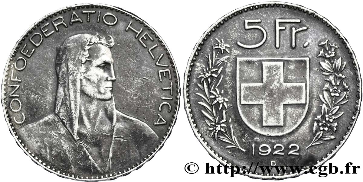 SWITZERLAND 5 Francs berger / écu 1922 Berne - B XF 