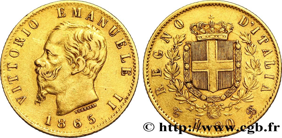 ITALIA 20 Lire Victor Emmanuel II  1865 Turin MBC 