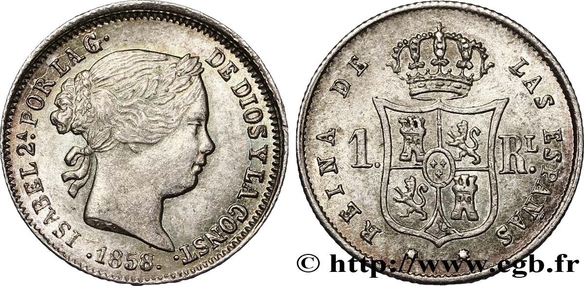 SPAIN 1 Real  Isabelle II / écu couronné 1858 Séville MS 