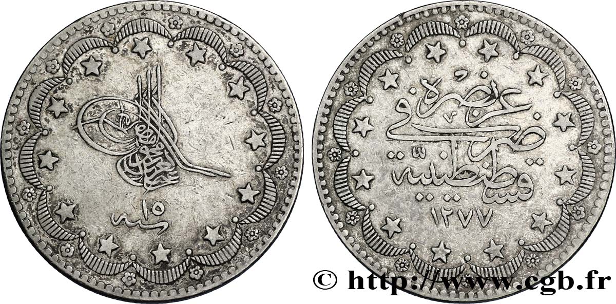 TURQUíA 20 Kurush au nom de Abdul Aziz AH1277 an 15 1875 Constantinople MBC 