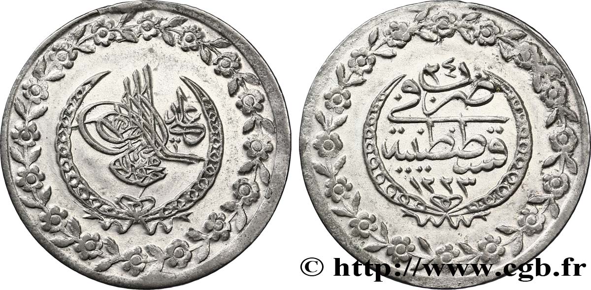 TURKEY 2 1/2 Kurush au nom de Mahmud II AH1223 / an 24 1831 Constantinople AU 
