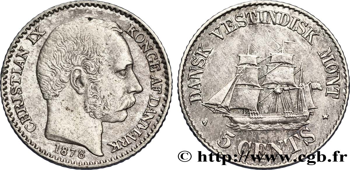 DANISH WEST INDIES (VIRGIN ISLANDS) 5 Cents Christian IX 1878  XF 