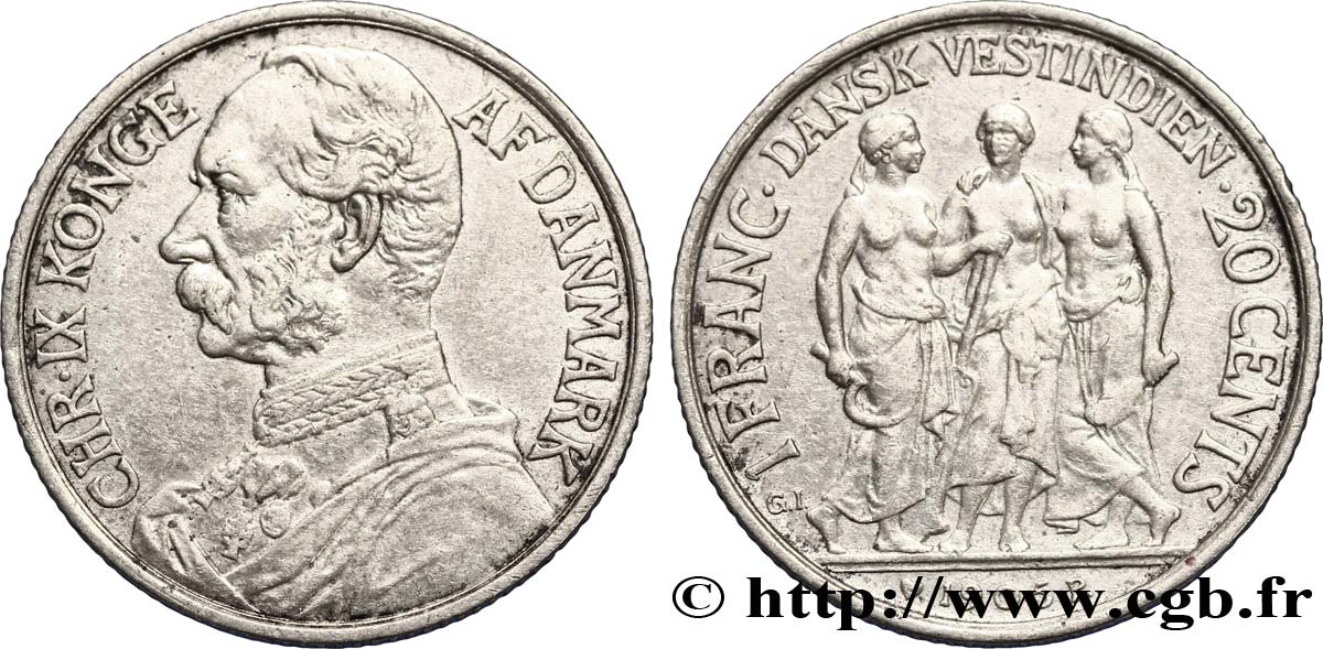 DANISH INDIA 1 Franc (20 Cents) Frederik VII 1905  XF 