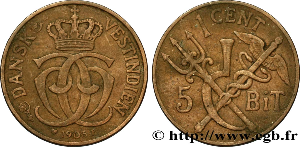 DANISH WEST INDIES (VIRGIN ISLANDS) 1 Cent (5 Bit) 1905  VF 