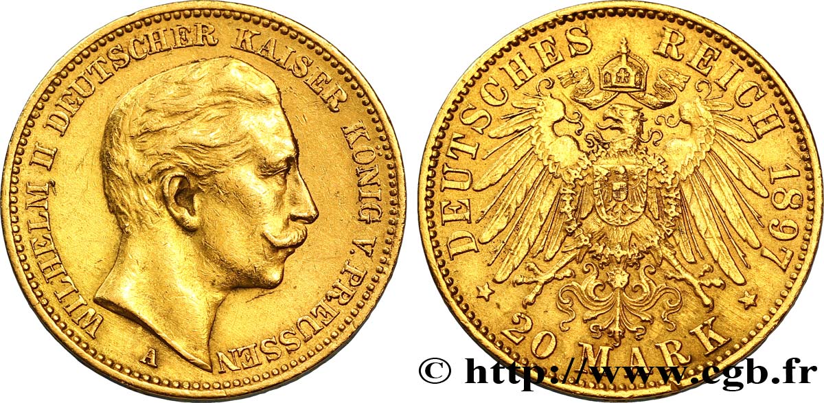 GERMANY - PRUSSIA 20 Mark Guillaume II 1897 Berlin XF 