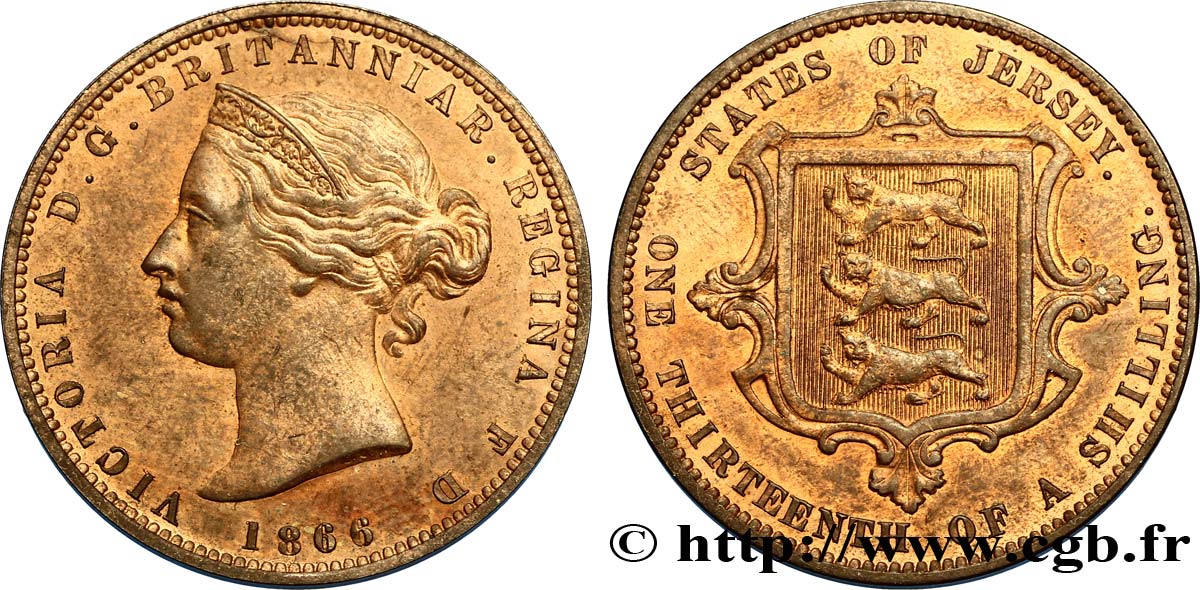 JERSEY 1/13 Shilling Reine Victoria / armes du Baillage de Jersey 1866  SPL 