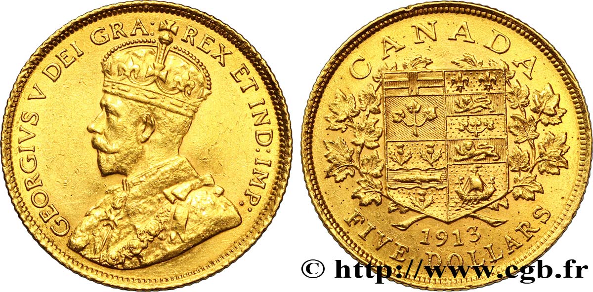 KANADA 5 Dollars or Georges V / écu 1913 Ottawa SS 