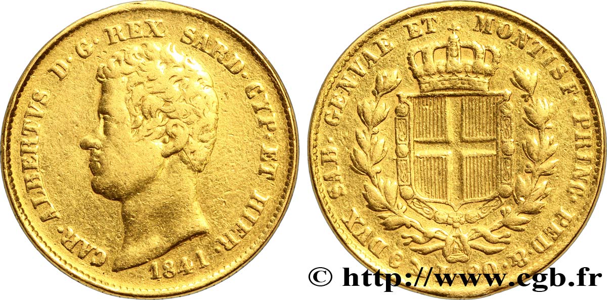 ITALIEN - KÖNIGREICH SARDINIEN 20 Lire Charles-Albert roi de Sardaigne 1841 Gênes fSS 