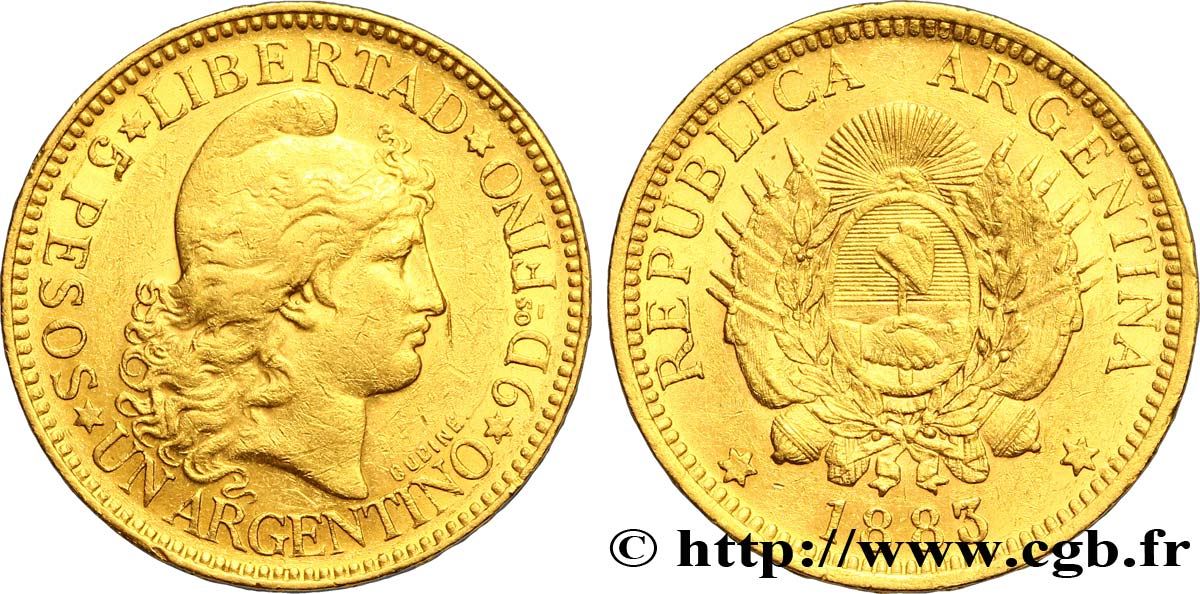 ARGENTINE 1 Argentino (5 Pesos) emblème / Liberté 1883  TTB 