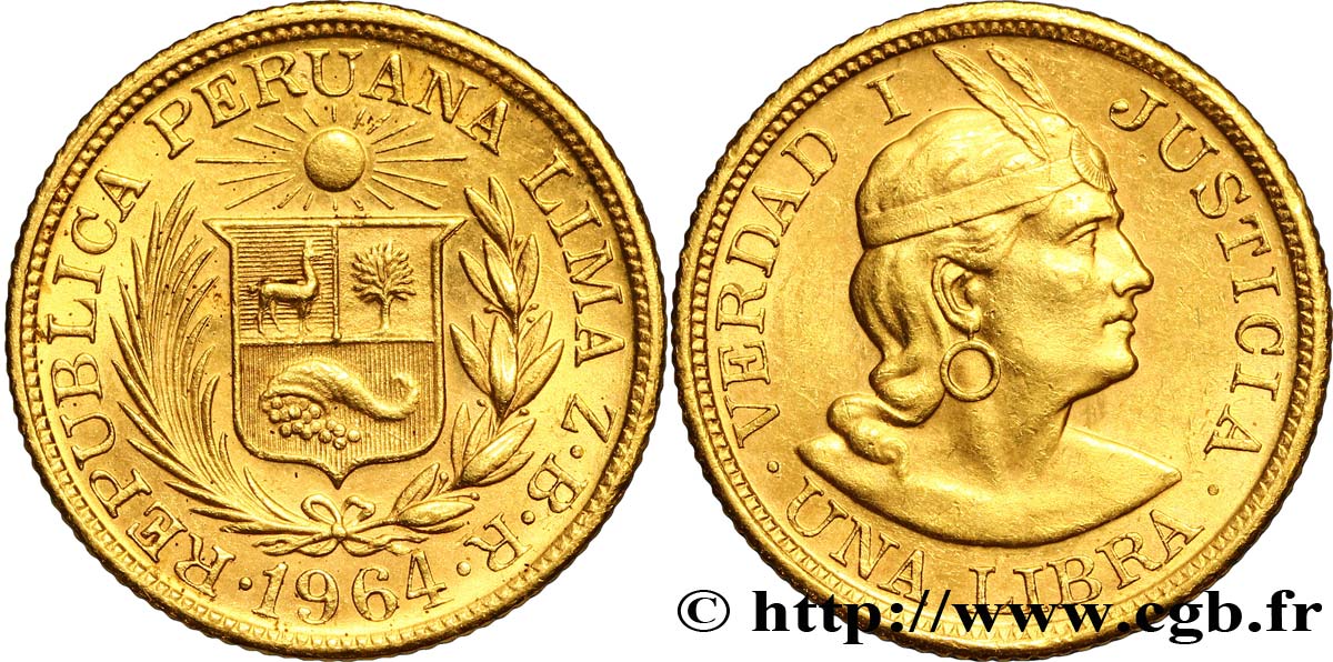 PERU 1 Libra or emblème / indien 1964 Lima VZ 