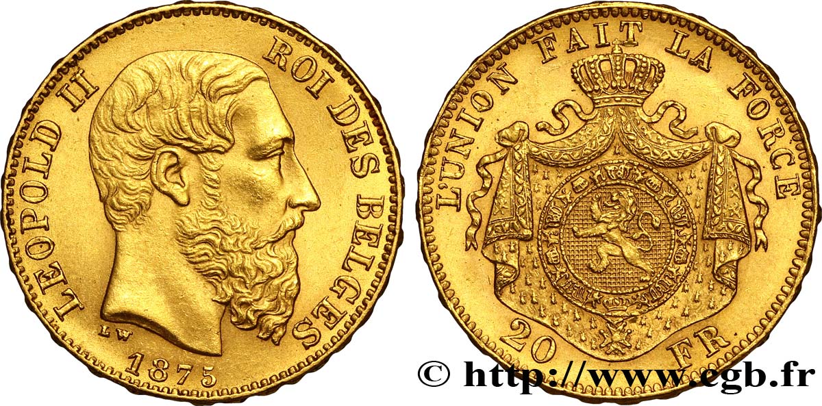 BELGIUM 20 Francs Léopold II 1875 Bruxelles AU 
