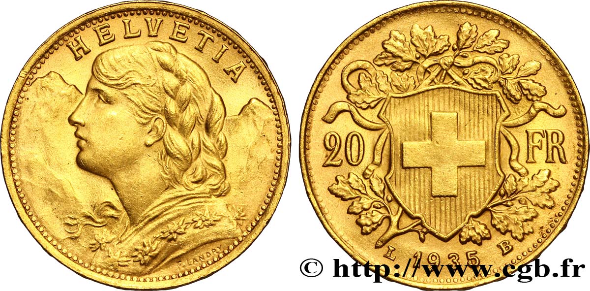 SUIZA 20 Francs or  Vreneli  1935 Berne EBC 