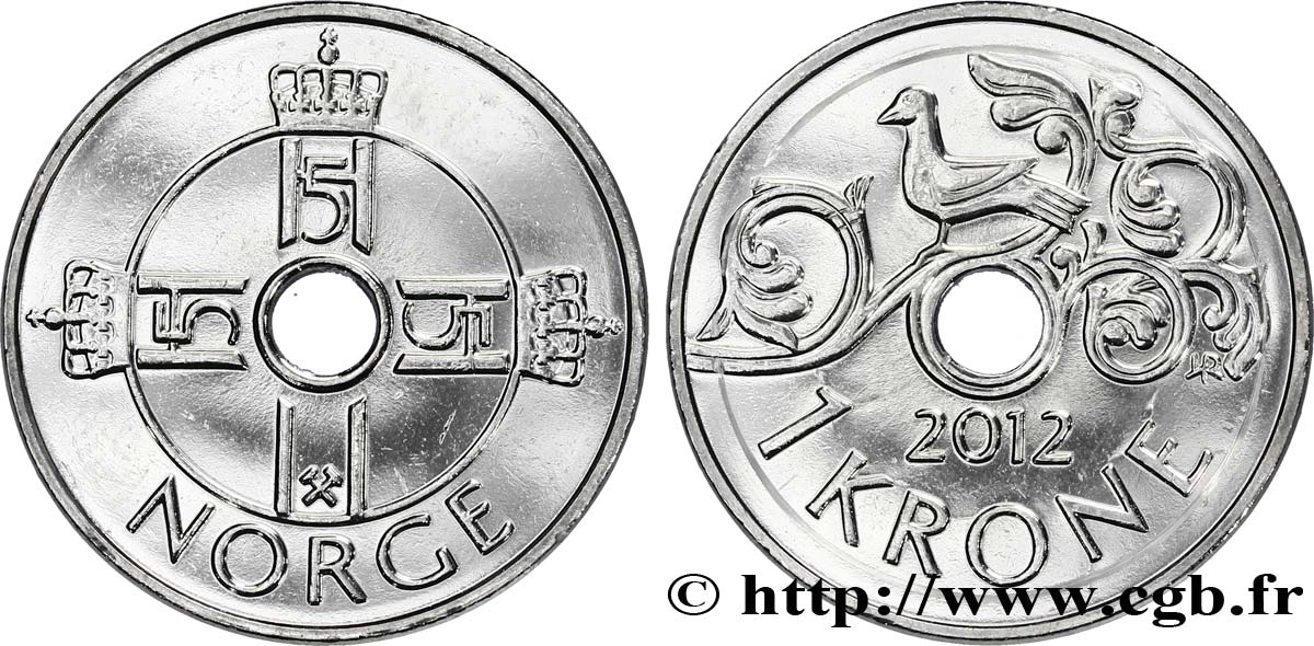 NORWEGEN 1 Krone monogrammes couronnés du roi Harald V / oiseau sur rameau 2012  fST 