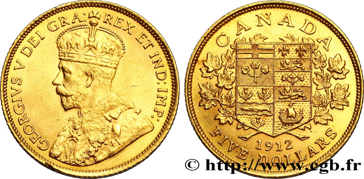 CANADA 5 Dollars or Georges V / écu 1912 Ottawa AU 