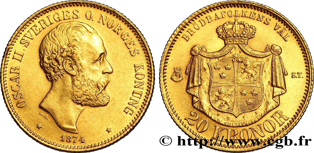 SUECIA 20 Kronor, 1e type Oscar II 1874 Stockholm EBC 