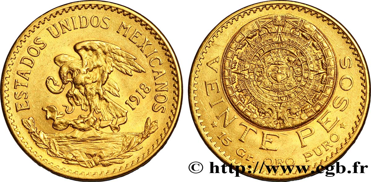 MEXIKO 20 Pesos or Aigle du Mexique / la “Pierre du Soleil” (calendrier aztèque) 1918 Mexico VZ 