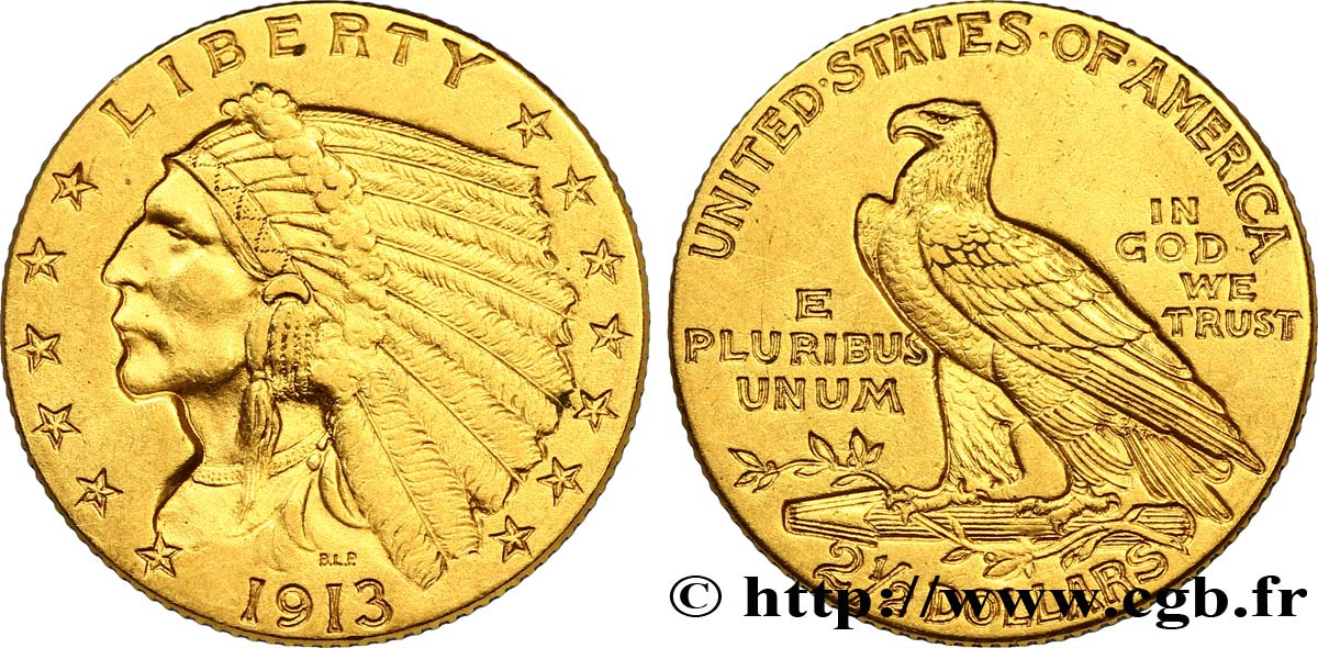 ÉTATS-UNIS D AMÉRIQUE 2 1/2 Dollars or (Quarter Eagle) type “tête d’indien”  1913 Philadelphie TTB+ 