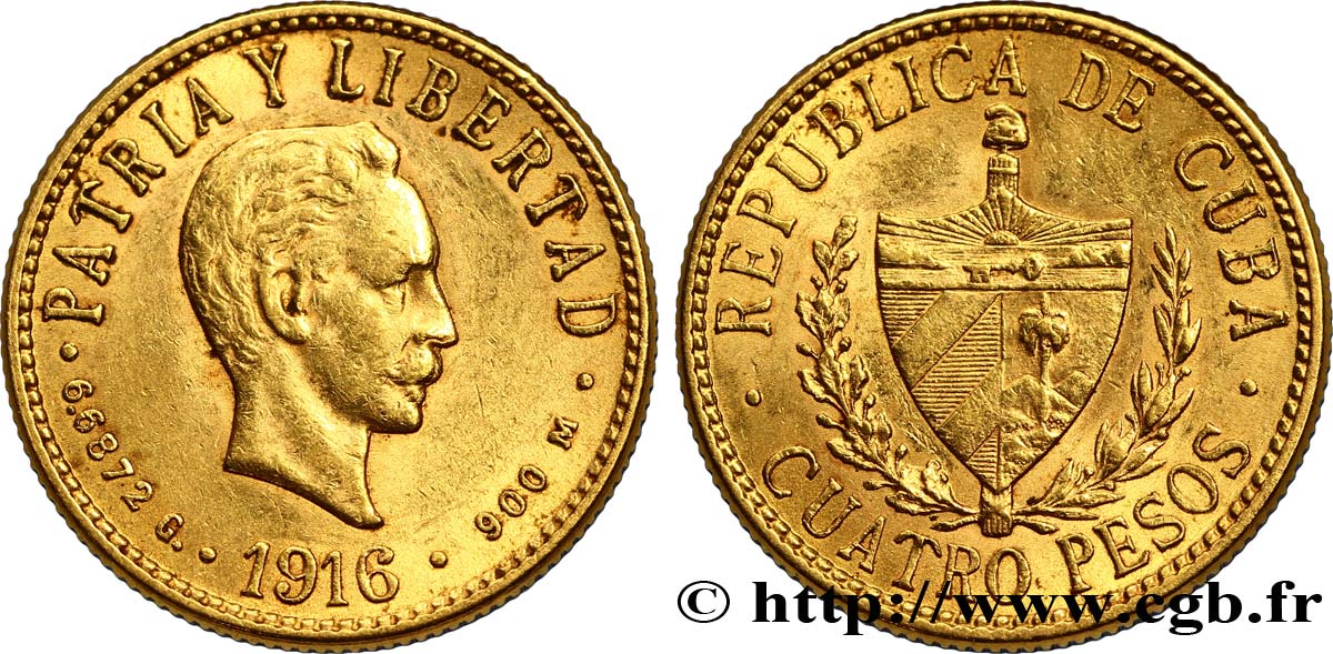 KUBA 4 Pesos emblème / José Marti 1916 Philadelphie VZ 