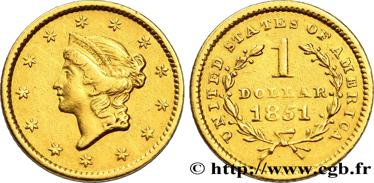 UNITED STATES OF AMERICA 1 Dollar Or  Liberty head  1er type 1849-1854 1851 Philadelphie MBC 