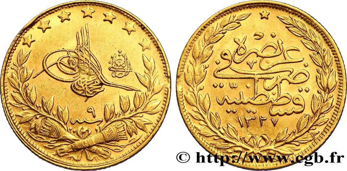 TURKEY 100 Kurush en or Sultan Mohammed V Resat AH 1327, An 9 1917 Constantinople AU 