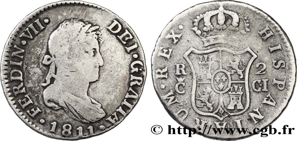 ESPAÑA 2 Reales Ferdinand VII 1811 Cadiz BC+ 