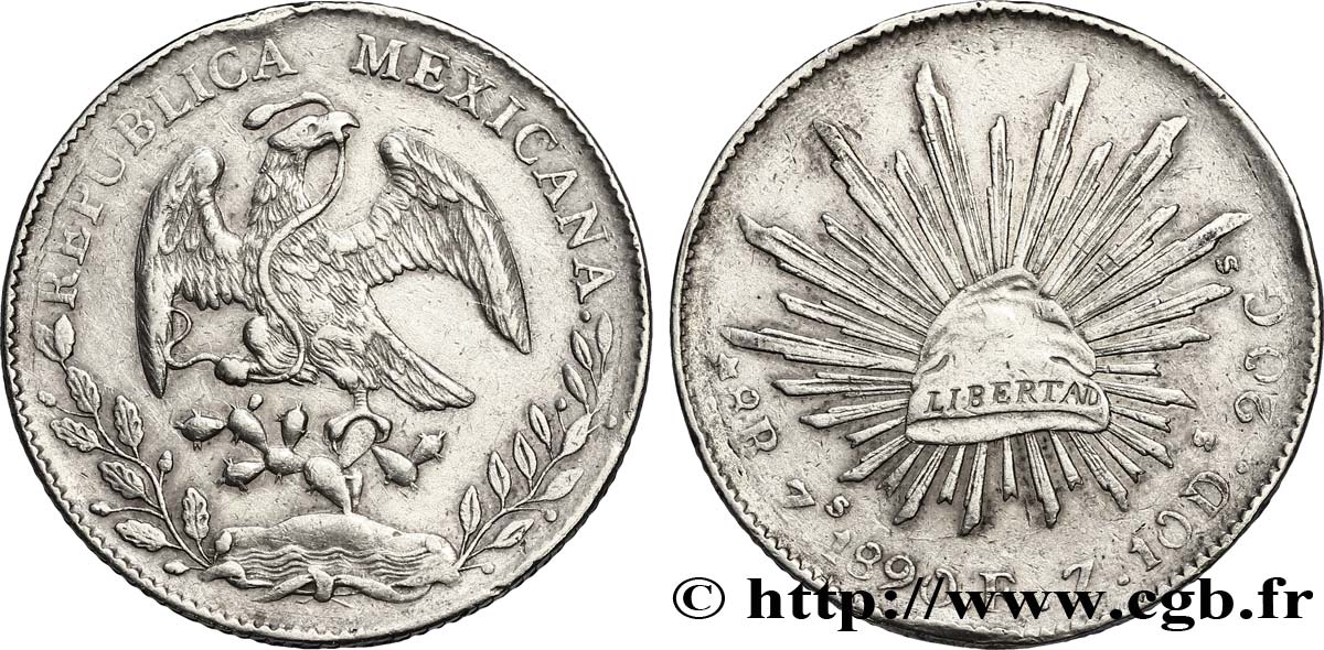MÉXICO 8 Reales Aigle / bonnet phrygien sur soleil 1890 Zacatecas - Zs MBC 