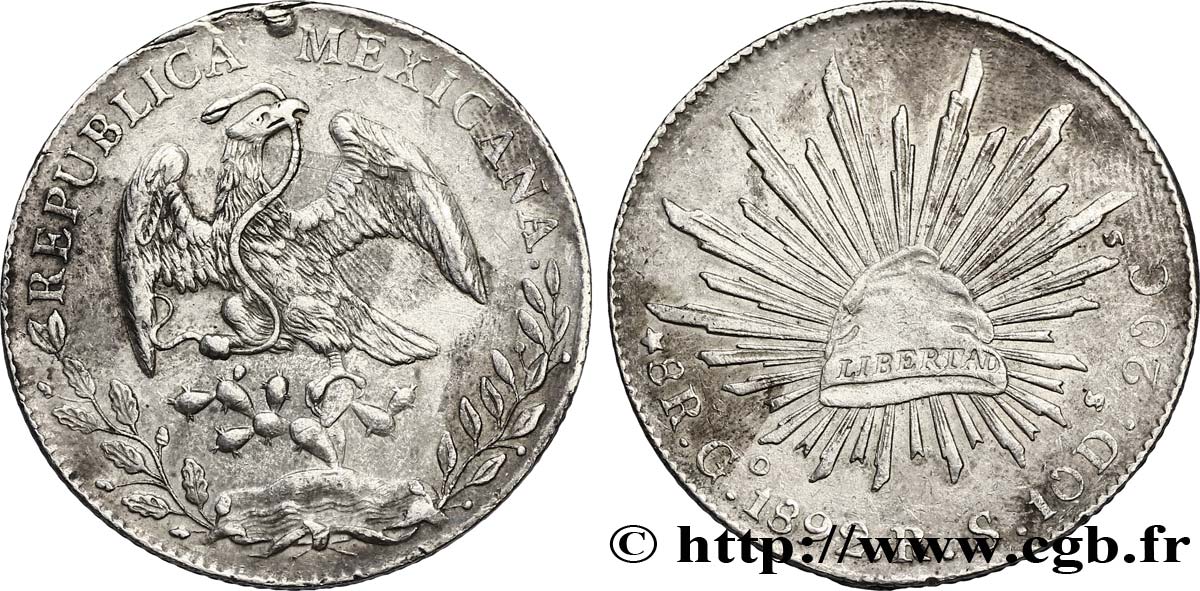 MEXIQUE 8 Reales Aigle / bonnet phrygien sur soleil surfrappe 1895/1 1892 Guanajuato - G° TTB 