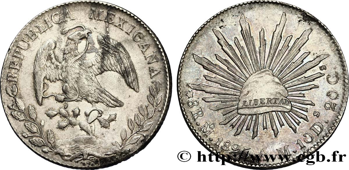 MEXIKO 8 Reales Aigle / bonnet phrygien sur soleil avec contremarques au revers 1895 Mexico - M° VZ 