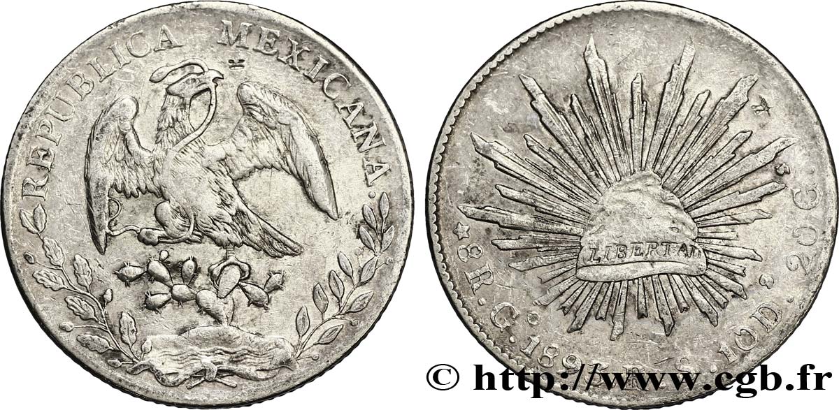 MEXIQUE 8 Reales Aigle / bonnet phrygien sur soleil 1893 Guanajuato - G° TB+ 