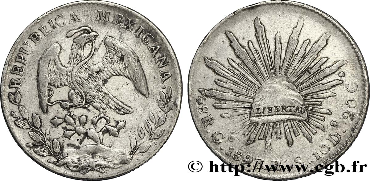 MEXICO 8 Reales Aigle / bonnet phrygien sur soleil 1893 Guanajuato - G° VF 
