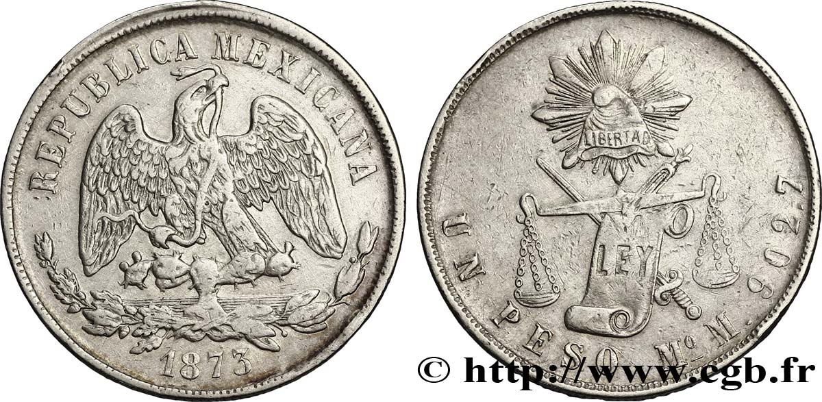 MÉXICO 1 Peso aigle 1873 Zacatecas MBC 