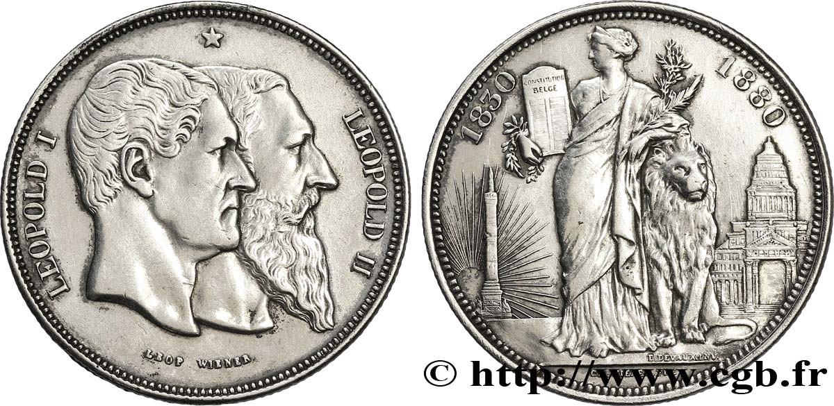BÉLGICA 5 francs, Cinquantenaire du Royaume (1830-1880) 1880 Bruxelles MBC 