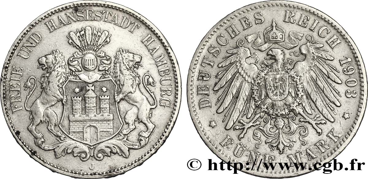 GERMANIA - LIBERA CITTA DE AMBURGO 5 Mark blason de Hambourg 1903 Hambourg - J BB 
