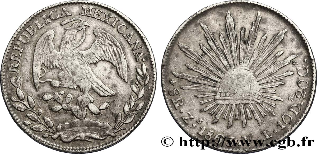 MEXICO 8 Reales Aigle / bonnet phrygien sur soleil 1863 Zacatecas - Zs VF 