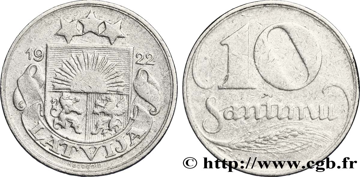LATVIA 10 Santimu emblème variété sans nom d’atelier 1922 Huguenin, Le Locle, Suisse XF 