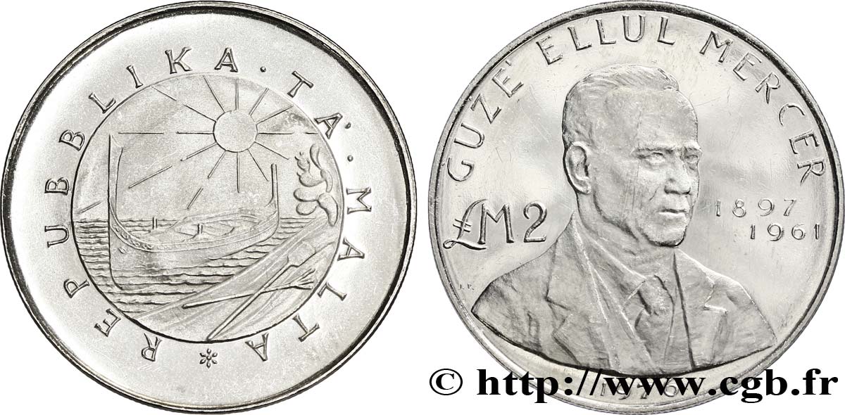 MALTE 2 Pounds (Livres) Guze Ellul Mercer 1976  SUP 