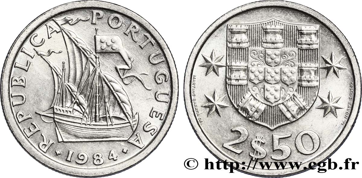 PORTUGAL 2 1/2 Escudos emblème / voilier 1984  VZ 