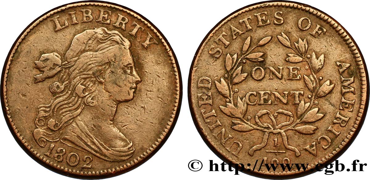 ESTADOS UNIDOS DE AMÉRICA 1 Cent type au buste drapé 1796-1807 1802 Philadelphie BC 