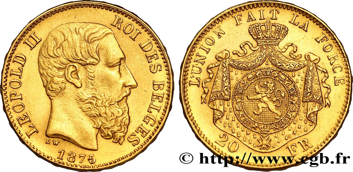 BÉLGICA 20 Francs Léopold II 1875 Bruxelles EBC 
